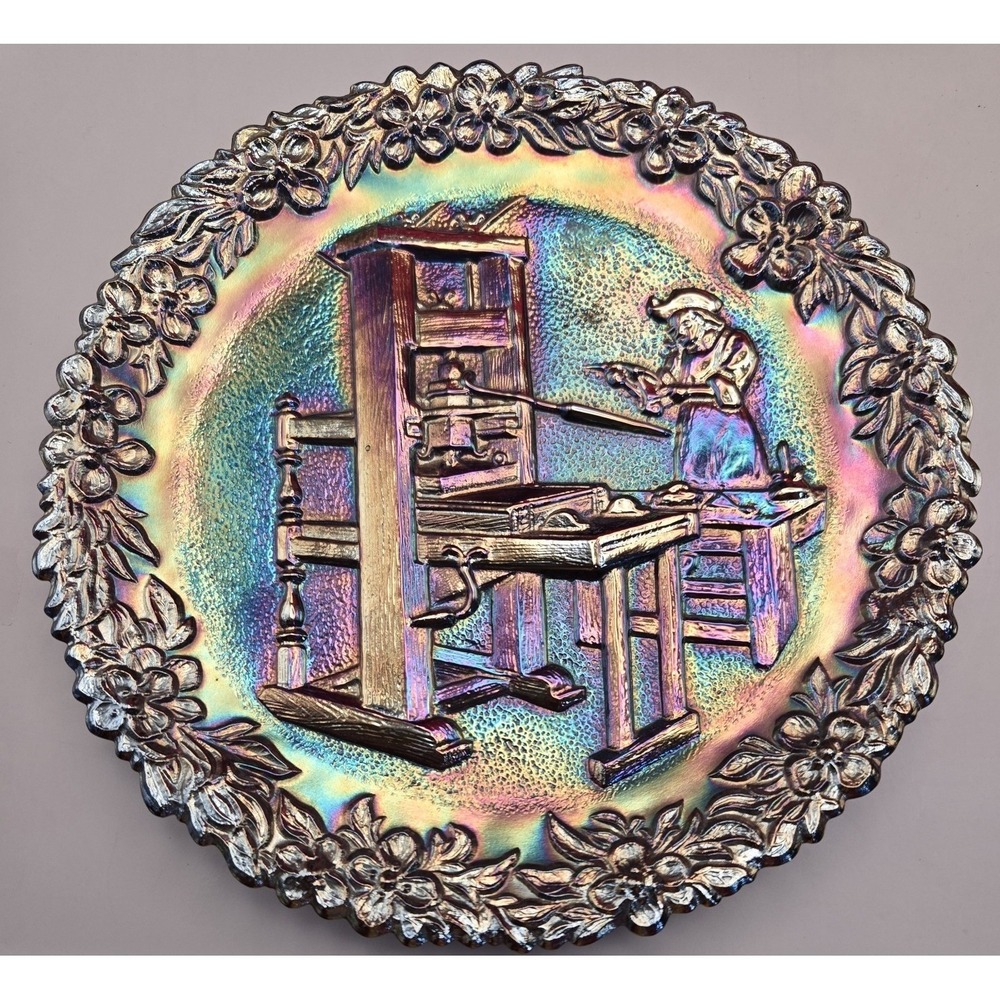 Carnival Glass Plate, Fenton "The Printer" 1960's Dark colors very sturdy